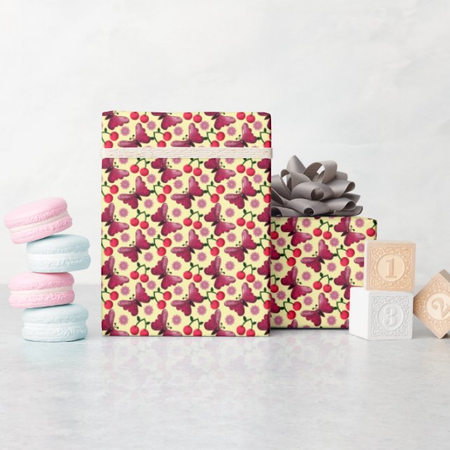 Cherry Butterfly Kawaii Seamless Pattern Wrapping Paper (Baby Shower)