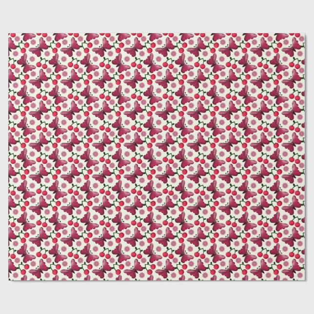 Cherry Butterfly Kawaii Seamless Pattern Wrapping Paper (Flat)