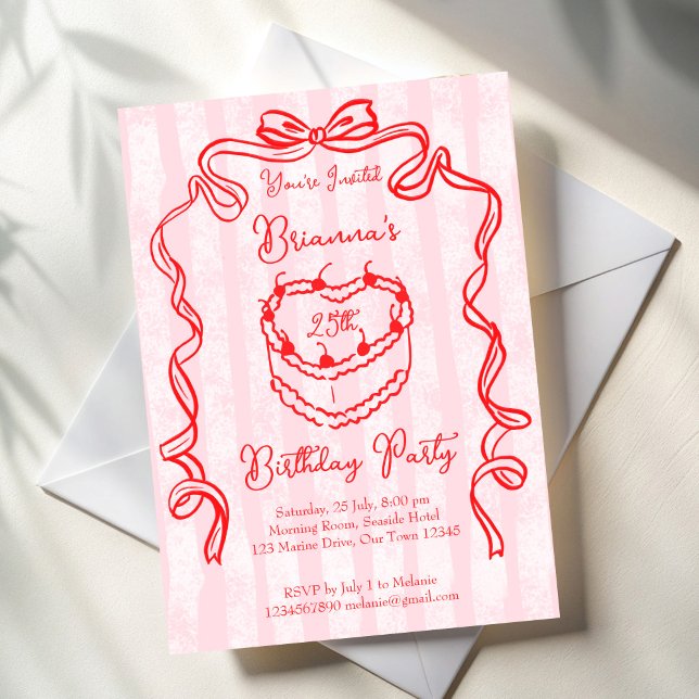 Cherry cake pink coquette bow birthday party invitation (Cherry cake pink bow ribbon handrawn sketch coquette birthday party invitation template)