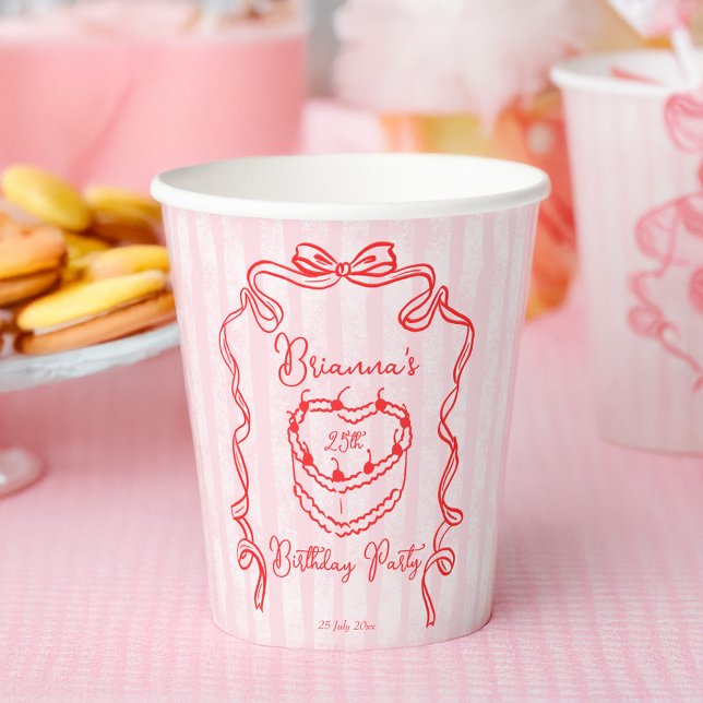 Cherry cake pink coquette bow birthday party paper cups (Cherry cake pink handrawn sketch bow ribbon coquette  birthday party personalized paper cups)