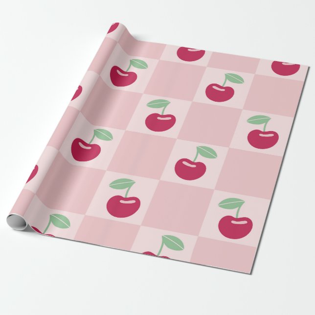 Cherry Chequerboard Delight Wrapping Paper (Unrolled)