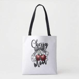 Cherry Cool Mum Red Disco Cherries Chequered Bow Tote Bag