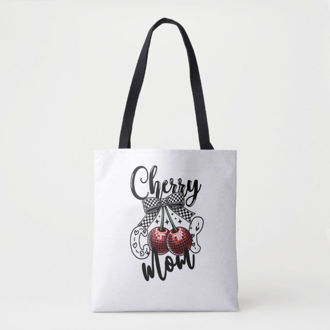 Cherry Cool Mum Red Disco Cherries Chequered Bow Tote Bag (Front)