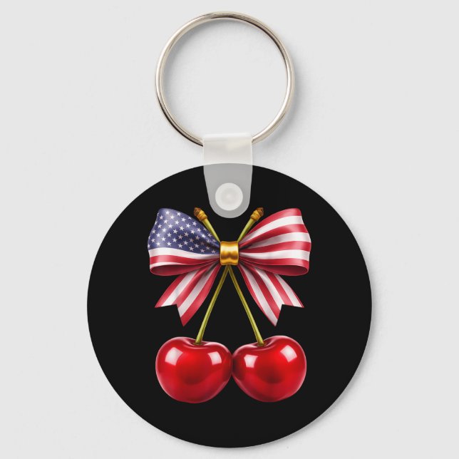 Cherry Coquette Bow American Flag Patriotic 4th of Key Ring (Front)