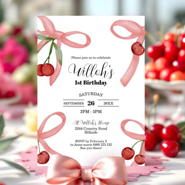Cherry Coquette Bows Birthday Invitation (Coquette Cherry 1st Birthday Invitation Cherry Birthday Invitation Bows and Cherries)