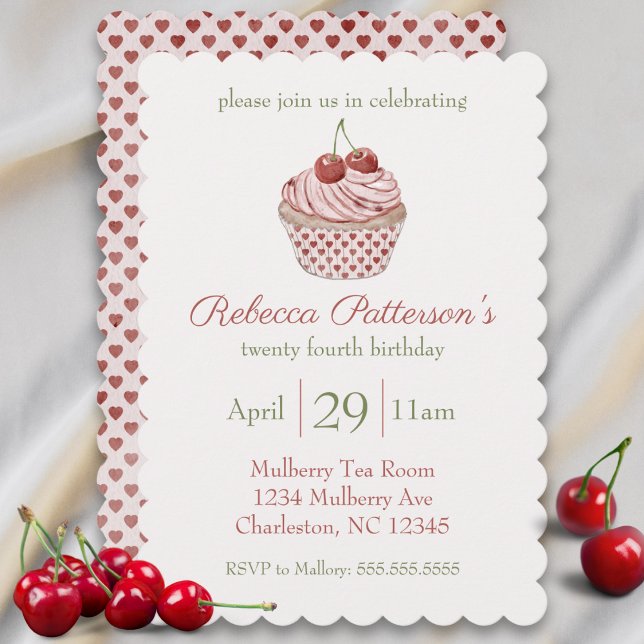 Cherry Coquette Cupcake Watercolor Birthday Party Invitation (cherry cupcake coquette aesthetic birthday invitation cute watercolor hearts girls bday party pink)