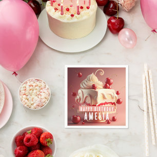 Cherry Cream Birthday Cake Personalised Napkins