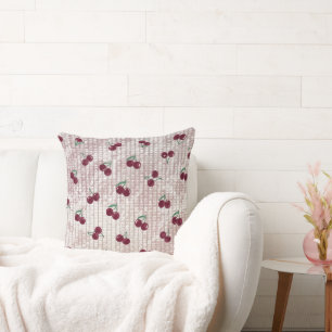 Cherry Crochet Throw Pillow Cover – Pastel Pink