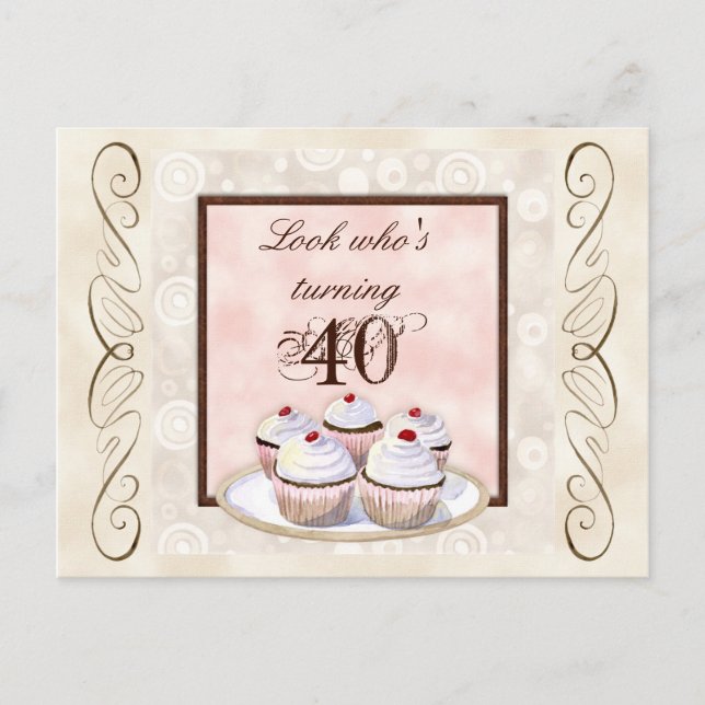 Cherry Cupcake 40th Birthday Party Invitation Postcard (Front)