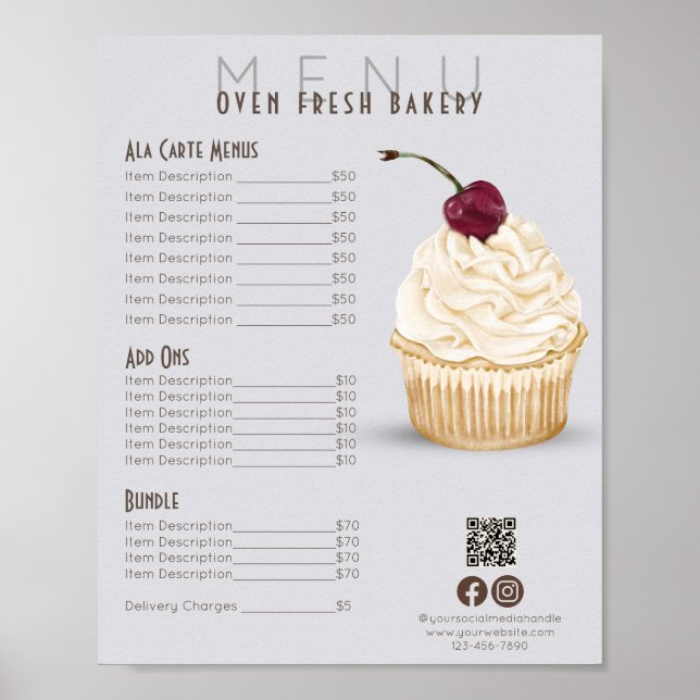 Cherry Cupcake Grey Menu Bakery Price List Poster (Front)