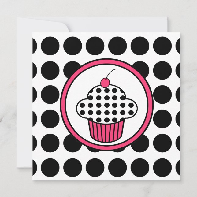 Cherry Cupcake Invitation Polka Dot /Pink & Black (Front)