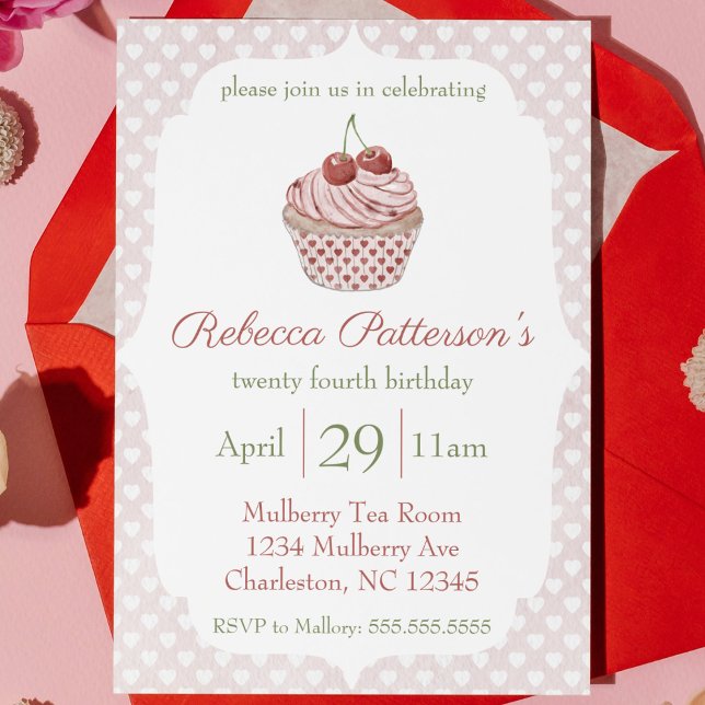 Cherry Cupcake Watercolor Hearts Birthday Party Invitation (cherry cupcake coquette watercolor hearts girls birthday cute cherry first bday pink tea party sweet)