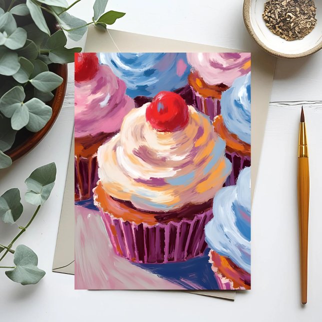Cherry Cupcakes Happy Birthday Painting Postcard (Creator Uploaded)