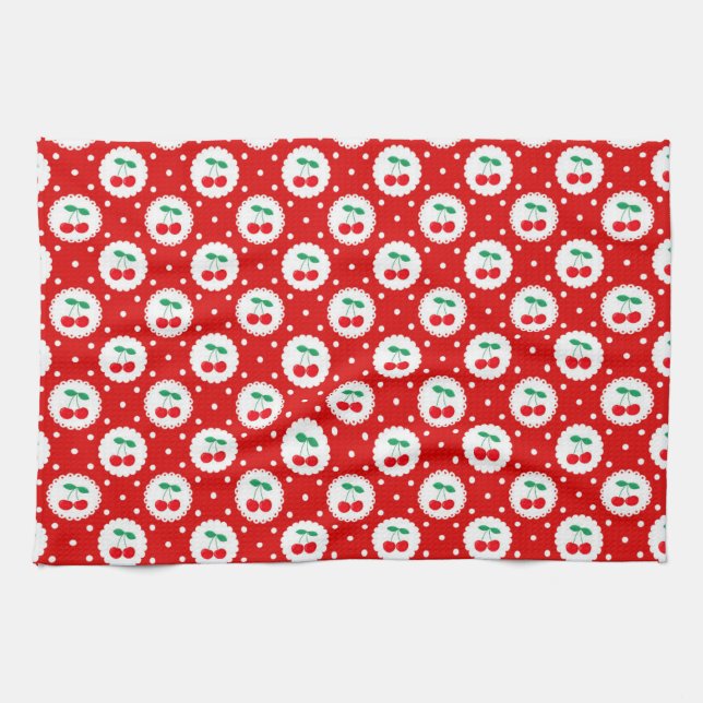 Cherry Dot Pattern – Retro Fruit Gift & Decor Tea Towel (Horizontal)