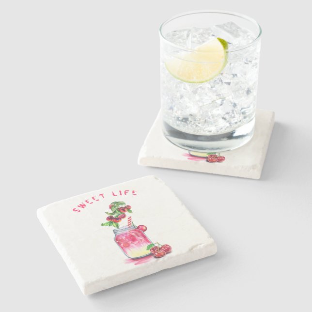 Cherry Drink Stone Coaster - Custom Text (Side)