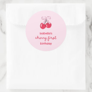 Cherry First Birthday Coquette Bow Favour Classic Round Sticker