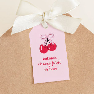 Cherry First Birthday Coquette Bow Favour Gift Tags