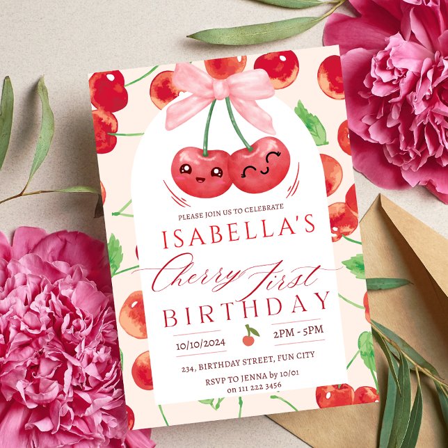 Cherry First Birthday Girl 1st Fruit Bow Birthday Invitation (Cherry First Birthday Girl 1st Fruit Bow Birthday Invitation)