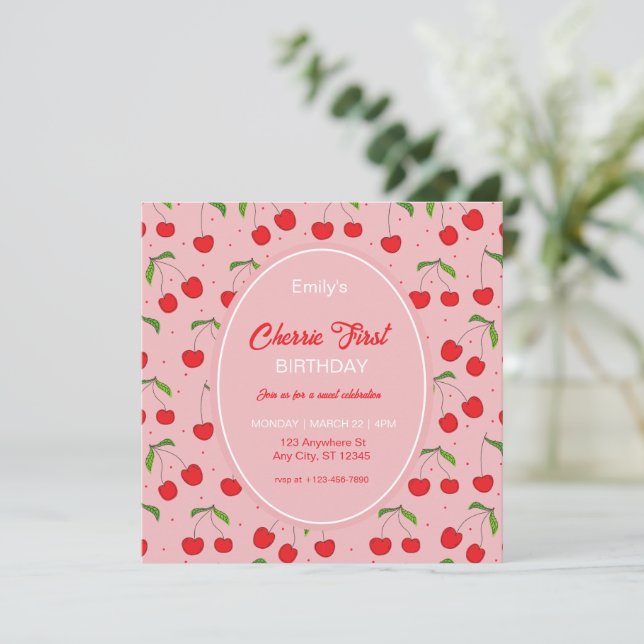 CHERRY First Birthday Party Invitation (Standing Front)