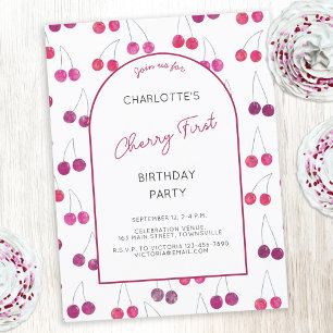 Cherry First Birthday Party Invitation Postcard