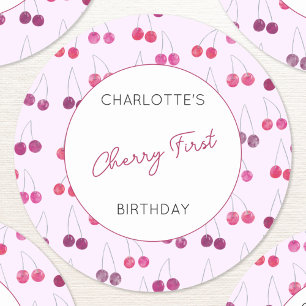 Cherry First Birthday Personalised Watercolor Classic Round Sticker