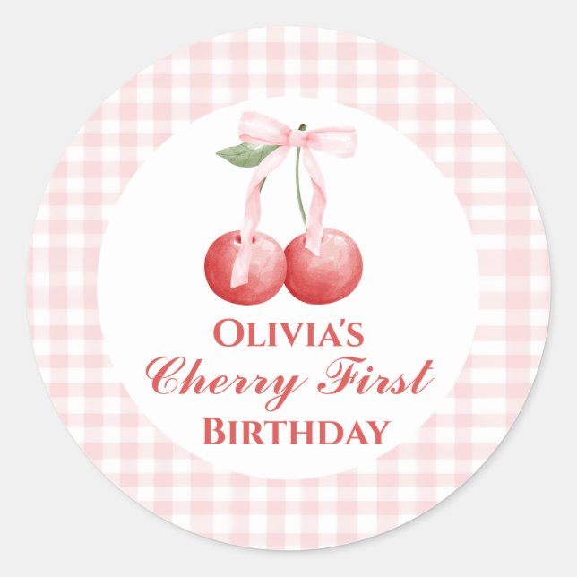 Cherry first birthday Pink Bow Gingham Classic Round Sticker (Front)