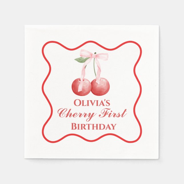 Cherry first birthday Pink Bow Gingham Napkin (Front)