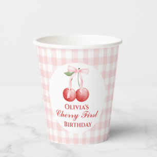 Cherry first birthday Pink Bow Gingham Paper Cups