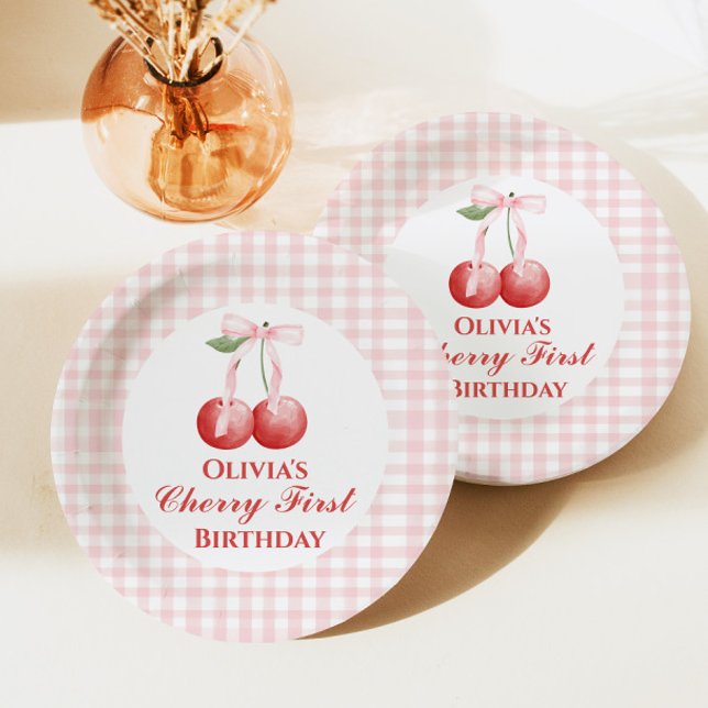 Cherry first birthday Pink Bow Gingham Paper Plate (Creator Uploaded)