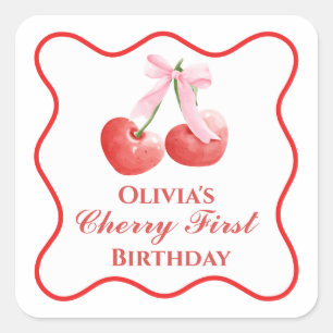 Cherry first birthday Pink Bow Gingham Square Sticker