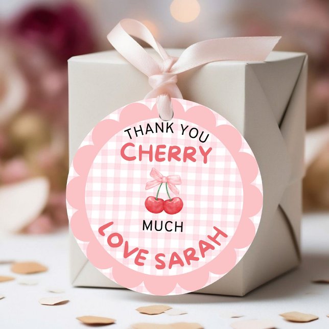 Cherry first birthday Pink Bow Gingham Sticker (Creator Uploaded)