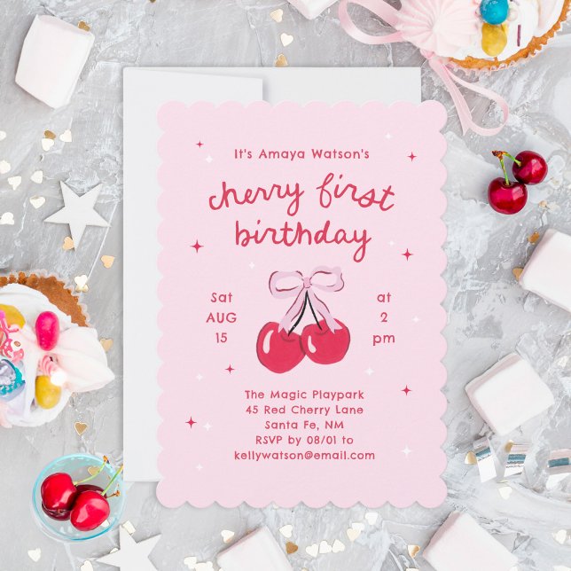 Cherry First Birthday Pink Coquette Bow Invitation ("Cherry First Birthday" party collection with illustrated cherries tied with a pink bow)
