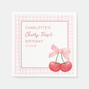 Cherry First Birthday Pink Gingham Girls One Year  Napkin