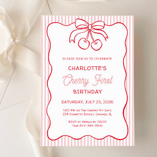 "Cherry First" Birthday Pink Stripe Bow Girly Invitation