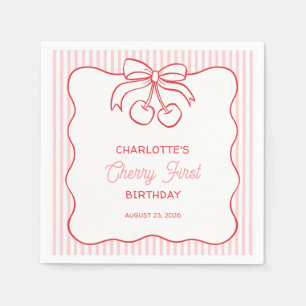 "Cherry First" Birthday Pink Stripe Bow Girly Napkin