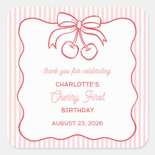 "Cherry First" Birthday Pink Thank You Favour Square Sticker