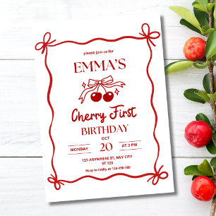 Cherry First Birthday Red Bow Girls Berry Birthday Invitation