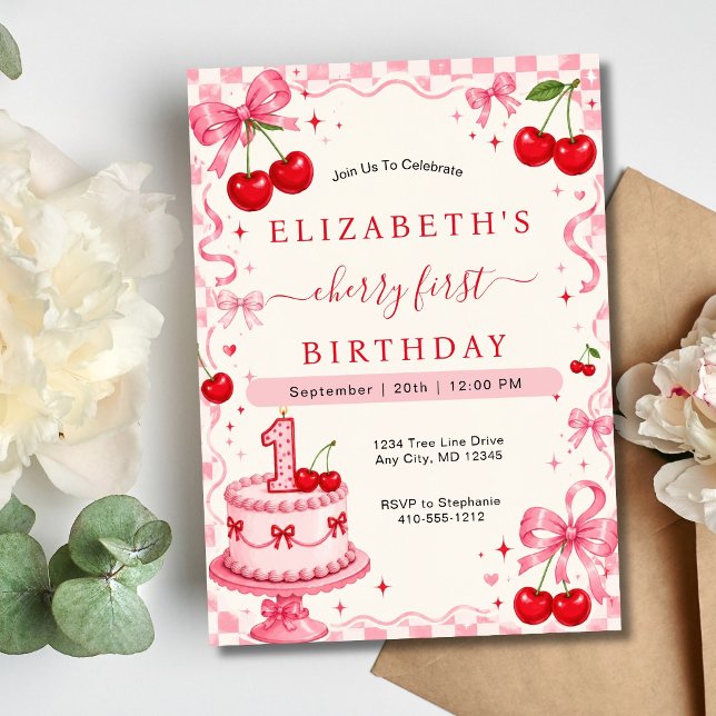 Cherry First Birthday Red Cherries Pink Bows Invitation (Pink Red Cherry First Birthday Invitation for Baby Girl. Pink Coquette Bows, Printed or Digital)