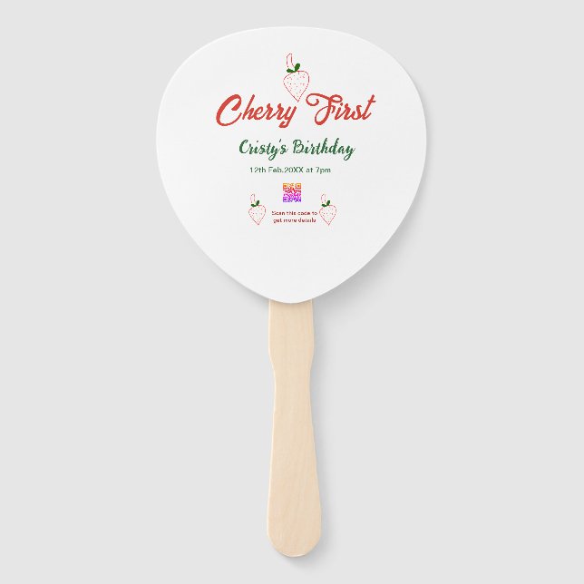 cherry first birthday red qr code bold retro green hand fan (Front)