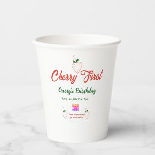 cherry first birthday red qr code bold retro green paper cups