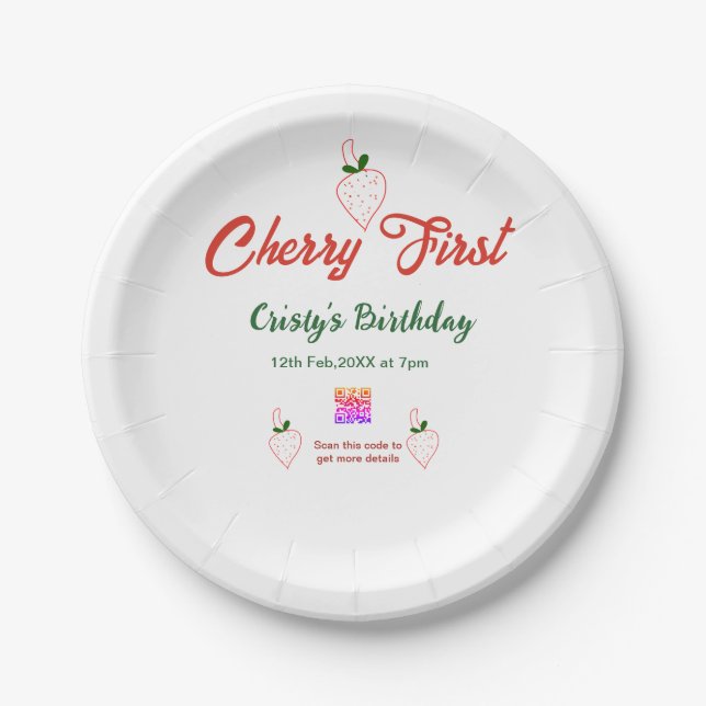 cherry first birthday red qr code bold retro green paper plate (Front)