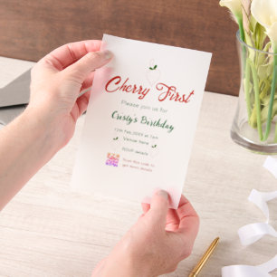 cherry first birthday red qr code bold retro green vellum invitations