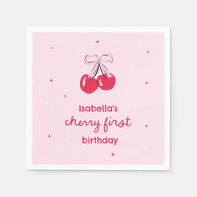 Cherry First Birthday with Pink Preppy Bow Napkin (Front)