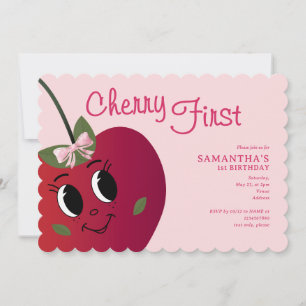 Cherry First Girl Cute Cartoon Sweet 1st Birthday Invitation