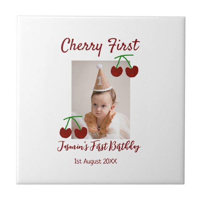 Cherry first happy birthday photo kids modern red ceramic tile (Front)