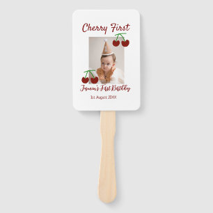 Cherry first happy birthday photo kids modern red hand fan