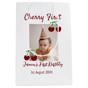 Cherry first happy birthday photo kids modern red medium gift bag