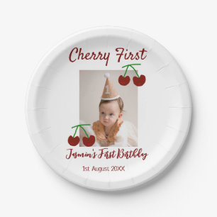 Cherry first happy birthday photo kids modern red paper plate