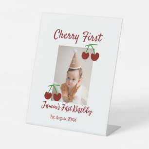 Cherry first happy birthday photo kids modern red pedestal sign