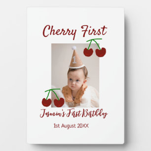 Cherry first happy birthday photo kids modern red plaque